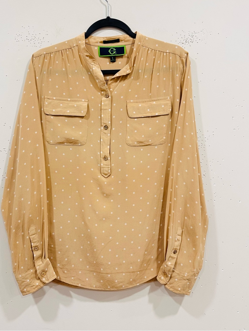 C. Wonder 100% Silk Polka Dot Popover Blouse Beige Tan Women's Size L Top